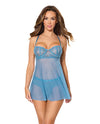Floral Lace and Mesh Babydoll w/Underwire Cups & High-Waist Thong 2 pc Set - Blue SM