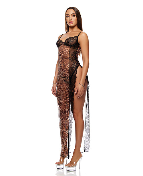 Animal Instincts Sheer Mesh and Lace Gown w/Thong 2 pc Set - Animal SM