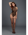 Fishnet & Lace Halter Neckline Teddy w/Attached Garters & Thigh High Black O/S