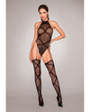 Fishnet Garter Teddy Bodystocking w/Attached Garters & Thigh High Black O/S