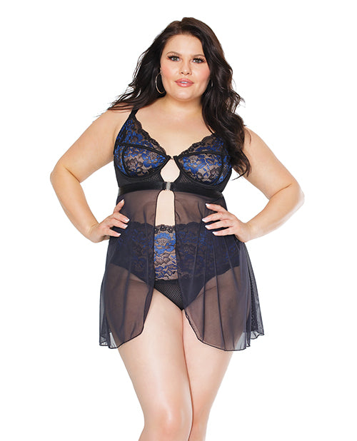 Scallop Stretch Lace & Mesh Front Closure Babydoll & High Waist Thong Black/Cobalt 3X/4X