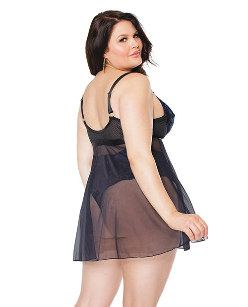Scallop Stretch Lace & Mesh Front Closure Babydoll & High Waist Thong Black/Cobalt 3X/4X