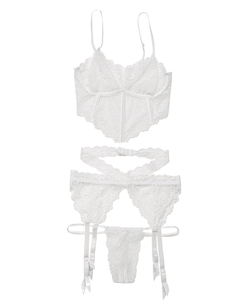 Scallop Stretch Lace Long Line Soft Cup Bra, Garterbelt & G-String White