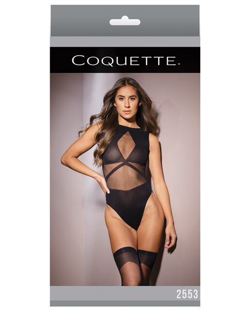 Sleek Sheer Nylon Opaque Print Sleeveless Teddy & Stockings Black O/S