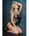 Sleek Seamless Stretch Net Teddy w/Strappy Shoulders & Laser Cutouts Waist Black O/S