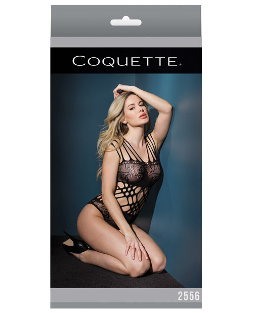 Sleek Seamless Stretch Net Teddy w/Strappy Shoulders & Laser Cutouts Waist Black O/S