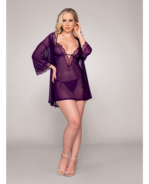 Stretch Mesh Chemise & Robe - Plum