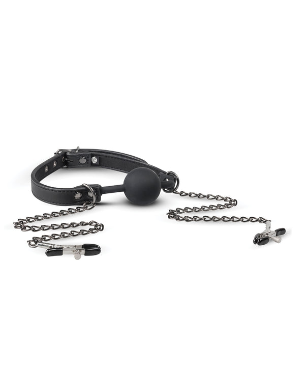 Easy Toys Ball Gag w/Nipple Clamps - Black