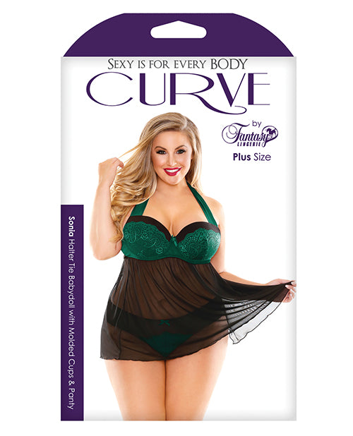 Curve Sonia Halter Tie Babydoll & Panty - Green