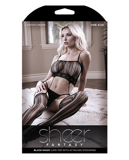Sheer Fantasy Black Magic Cami Top with Attached Stockings Black O/S