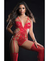 Embroidered Lace Strappy Garter Teddy & Stockings Candy Red O/S