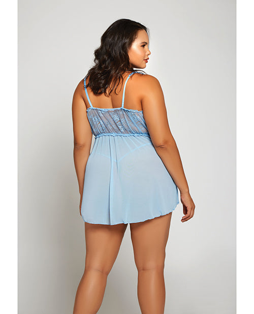Lace & Fine Mesh Babydoll & Mesh G-String - Light Blue