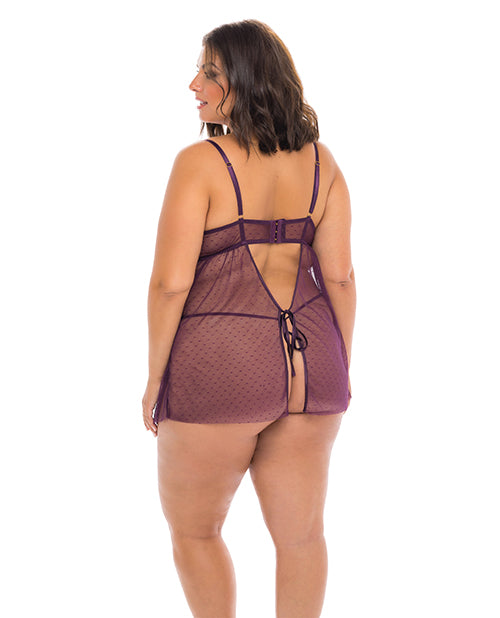 Eve Lace & Pin dot Mesh Babydoll w/G-String Italian Plum 1X