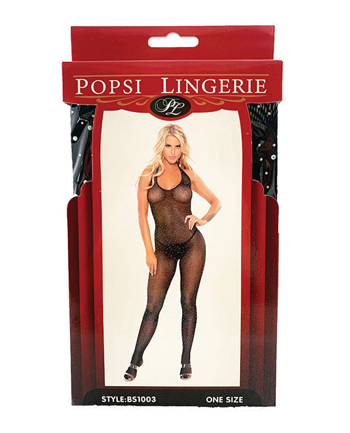 Rhinestone Fishnet Halter Top Bodystocking Black O/S