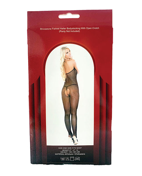 Rhinestone Fishnet Halter Top Bodystocking Black O/S