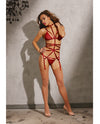 Strappy Garter, Lace Bra & Thong w/Adjustable Shoulder & Back Straps Garnet O/S