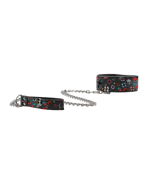 Shots Ouch Old School Tattoo Style Printed Collar w/Leash- Black