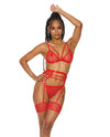 Stretch Lace Bra, G-String & Garterbelt Red XL
