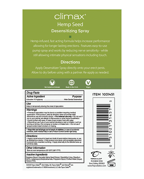 Climax Hemp Seed Desensitizing Spray - 4 oz