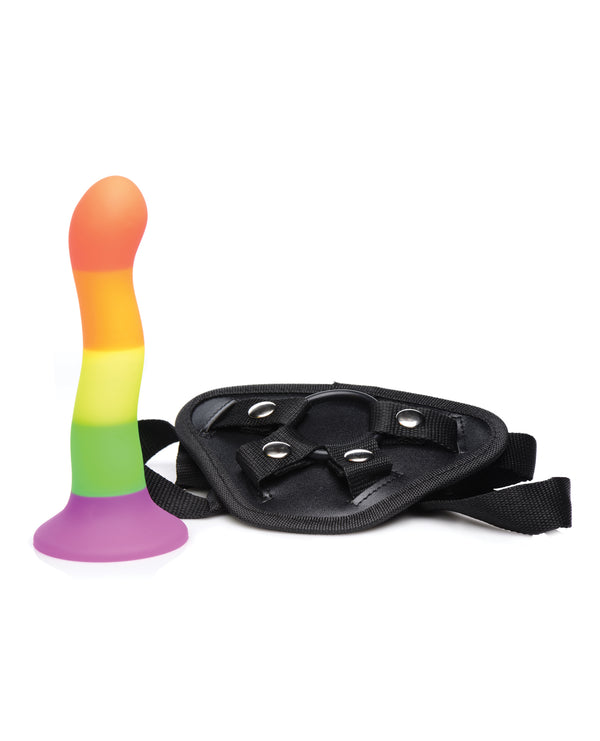 Strap U Proud Silicone Dildo w/Harness - Rainbow
