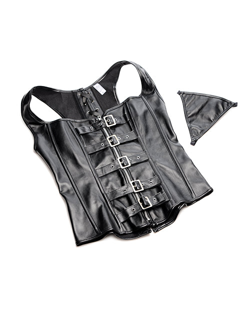 Strict Lace-up Corset Vest w/Thong - Black