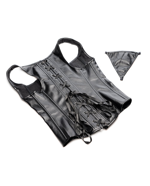 Strict Lace-up Corset Vest w/Thong - Black