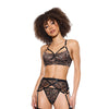 Lace Underwire Bralette w/Thong & Garter - Black/Rose Gold SM