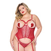 Metallic Stretch Scallop Lace and Mesh Bustier w/Thong - Red 1X/2X