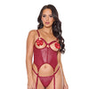 Metallic Stretch Scallop Lace and Mesh Bustier w/Thong - Red MD
