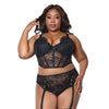 Lace Bustier w/Padded Cups & Gartered Thong Panty 2 pc Set - Black 1X/2X
