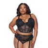 Lace Bustier w/Padded Cups & Gartered Thong Panty 2 pc Set - Black 3X/4X