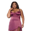 Scallop Lace Trimmed Stretch Satin Chemise w/Underwire Cups - Mauve Plum 1X/2X