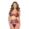 Stretch Scallop Lace Underwire Bra w/Garter & Satin G-String 3 pc Set - Mauve Plum MD