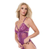 Metallic Stretch Lace & Mesh Teddy w/Detachable Panty - Purple LG