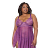 Metallic Stretch Lace & Mesh Babydoll w/Thong - Purple 1X/2X