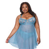 Floral Lace and Mesh Babydoll w/Underwire Cups & High-Waist Thong 2 pc Set - Blue 3X/4X