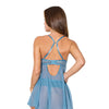 Floral Lace and Mesh Babydoll w/Underwire Cups & High-Waist Thong 2 pc Set - Blue SM