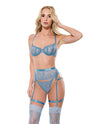 Floral Lace with Gold Hardware Underwire Bra w/Garter & Thong 3 pc Set - Blue LG