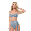 Floral Lace with Gold Hardware Underwire Bra w/Garter & Thong 3 pc Set - Blue LG