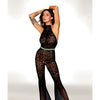 Seamless Crochet Lace Bodystocking w/Fishnet Bellbottoms - Black O/S