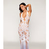 Deep Plunge Halter Seamless Bodystocking Gown w/Lace and Fishnet - White/Lavender O/S