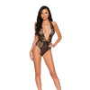 Mesh Foil Embroidered Deep V Teddy w/Open Crotch - Black MD