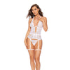 Jeweled Halter Lace & Mesh Bustier w/Attached Leg Garters & G-String 2 pc Set - White SM