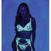 Embroidered Floral Lace Bra w/Thong & Chaps Blacklight Reactive 3 pc Set - Yellow LG