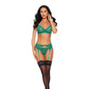 Sultry Emerald Floral Lace Underwire Bra w/Garterbelt & G-String 3 pc Set - Green LG