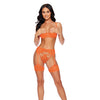 Lace Open Cup Bralette w/Thong & Chaps 3 pc Set with Jewel Details - Orange MD