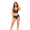 Touch of Pearl Feather Lace Bralette with Pearl Detail & Brazilian Panty 2 pc Set - Black M/L