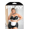 Play 5-Star Service Wetlook Bustier, Open Back Skirt, G-String & Choker Black/White 1X/2X