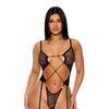 Pull My Strings Sheer Mesh Teddy w/Garters & Faux Pearl Details - Black MD
