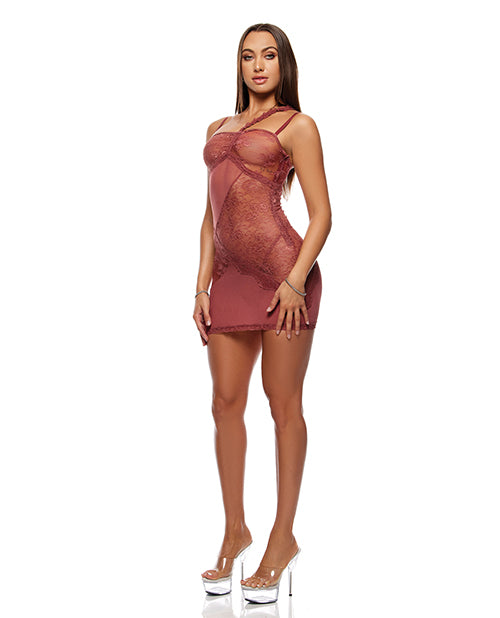 Patch of Petals Sheer Mesh and Lace Chemise w/Thong 2 pc Set - Mauve MD
